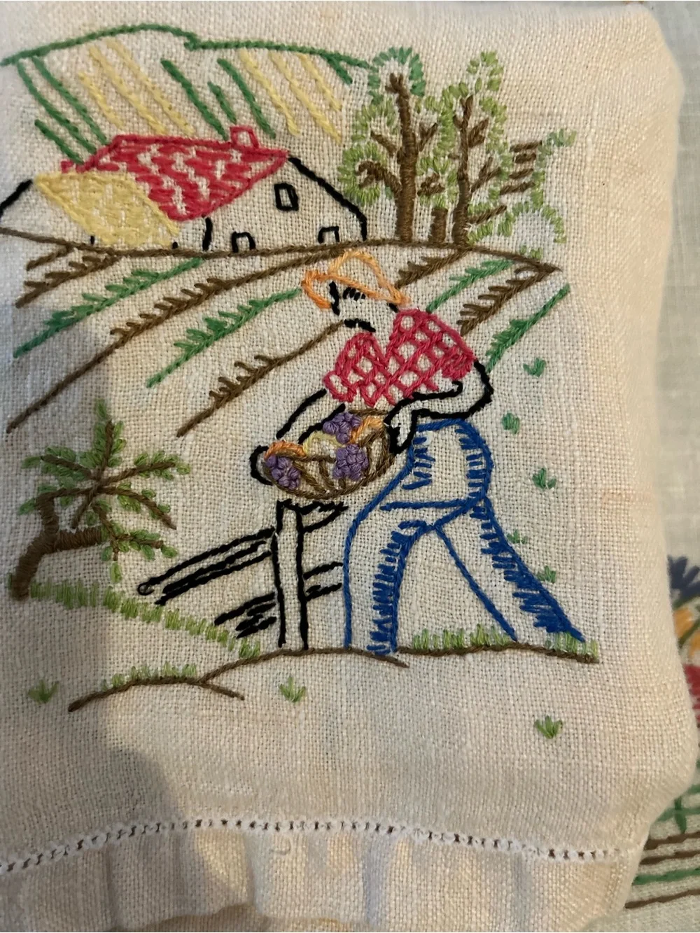 Hand-Embroidered Country Farm Scene with Figural Motif Tea Towel
